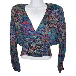 Vintage 80s Lorch Women's Sz  8 Button Front V-Neck Dolman Sleeve Blouse(1841)